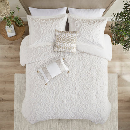 Set of Three White Medallion Queen Ring Stitch Sham And Comforter