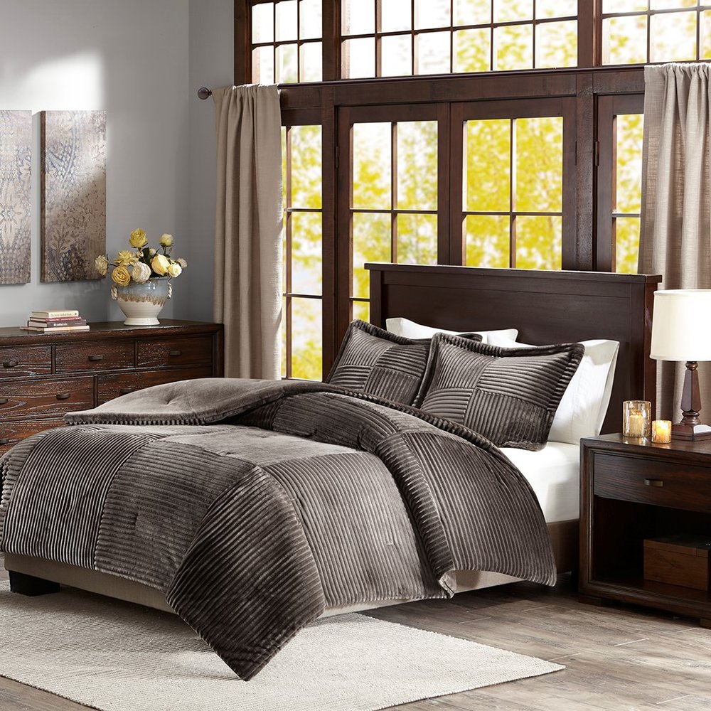 Set of Three Taupe King Ring Stitch Polyester Sham And Comforter