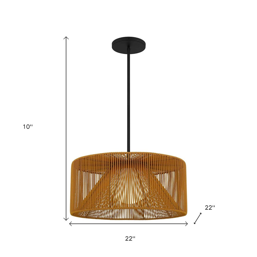 Natural And Black Rattan String And Metal LED Dimmable Outdoor Hanging Pendent Light