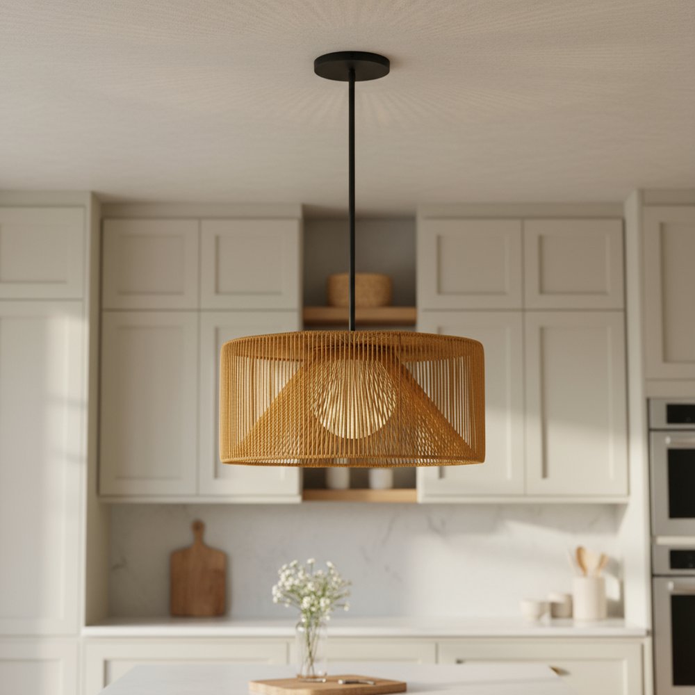 Natural And Black Rattan String And Metal LED Dimmable Outdoor Hanging Pendent Light