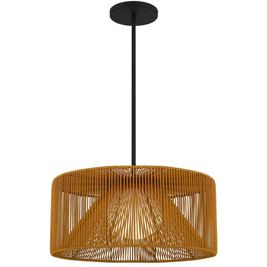 Natural And Black Rattan String And Metal LED Dimmable Outdoor Hanging Pendent Light