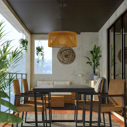 Natural And Black Rattan String And Metal LED Dimmable Outdoor Hanging Pendent Light