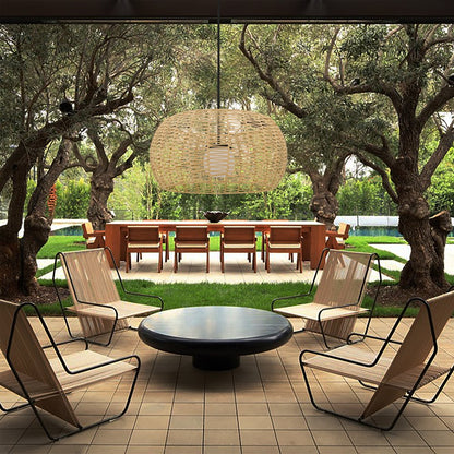 Natural And Black Rattan And Metal LED Dimmable Barrel Outdoor Hanging Pendent Light