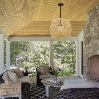 Natural And Black Rattan And Metal LED Dimmable Barrel Outdoor Hanging Pendent Light