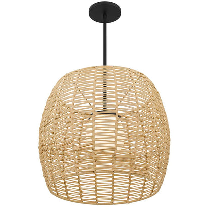 Natural And Black Rattan And Metal LED Dimmable Barrel Outdoor Hanging Pendent Light