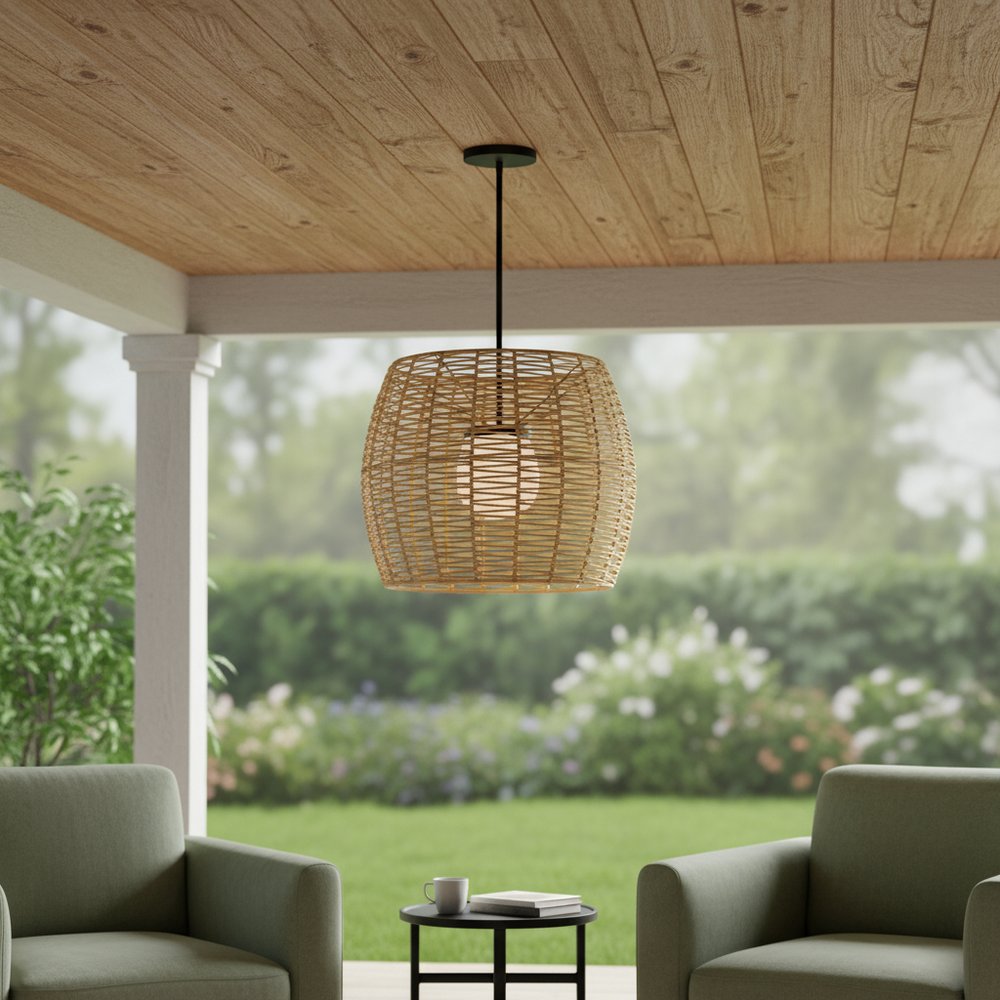 Natural And Black Rattan And Metal LED Dimmable Barrel Outdoor Hanging Pendent Light