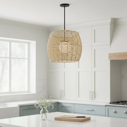 Natural And Black Rattan And Metal LED Dimmable Barrel Outdoor Hanging Pendent Light