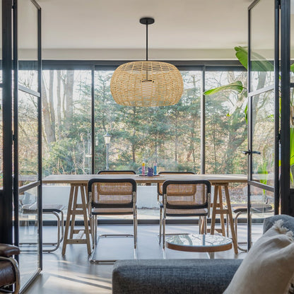 Natural And Black Rattan And Metal LED Dimmable Outdoor Hanging Pendent Light