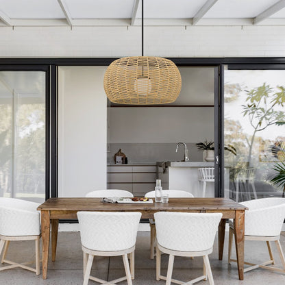 Natural And Black Rattan And Metal LED Dimmable Outdoor Hanging Pendent Light