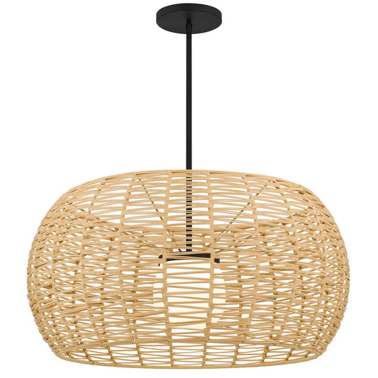 Natural And Black Rattan And Metal LED Dimmable Outdoor Hanging Pendent Light