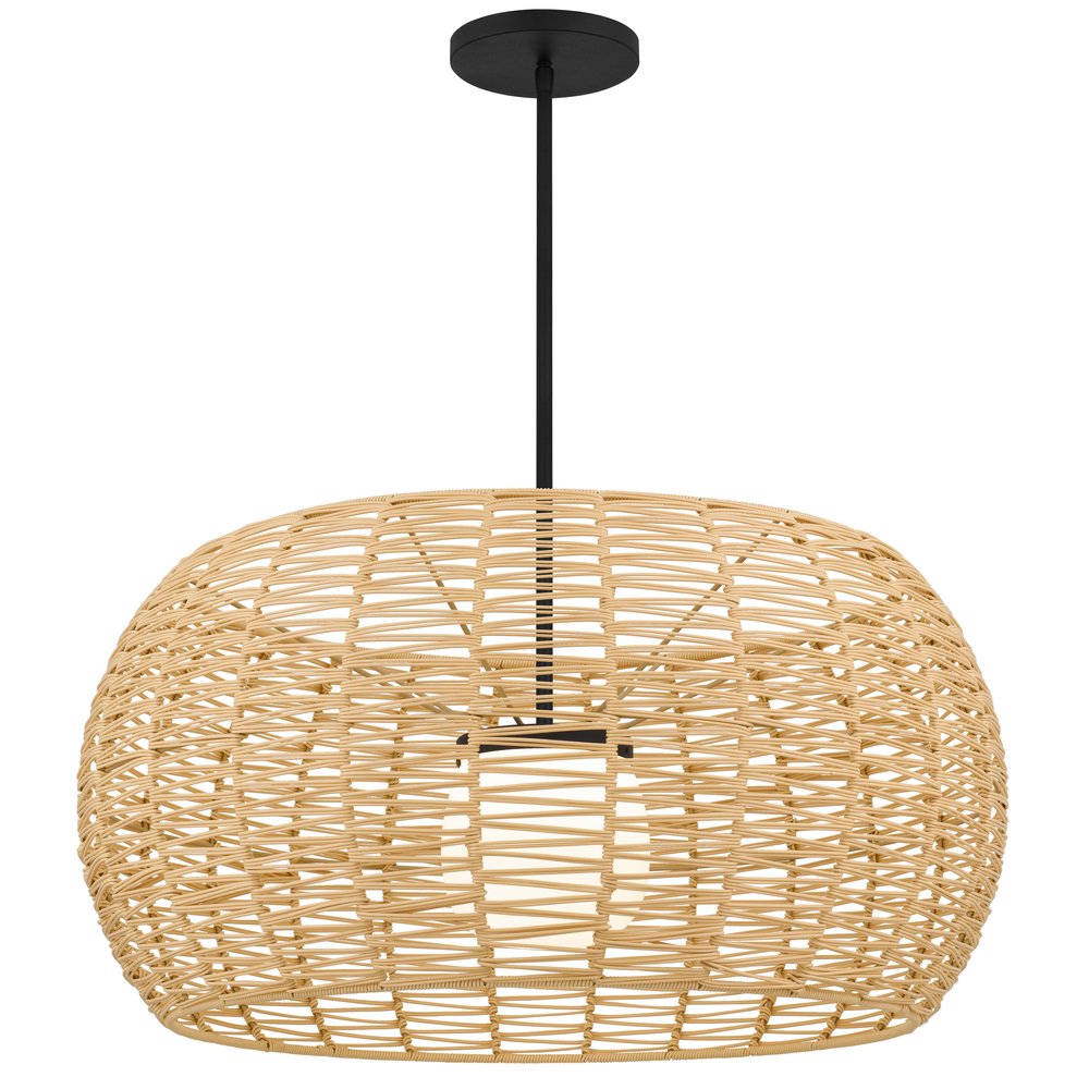 Natural And Black Rattan And Metal LED Dimmable Outdoor Hanging Pendent Light