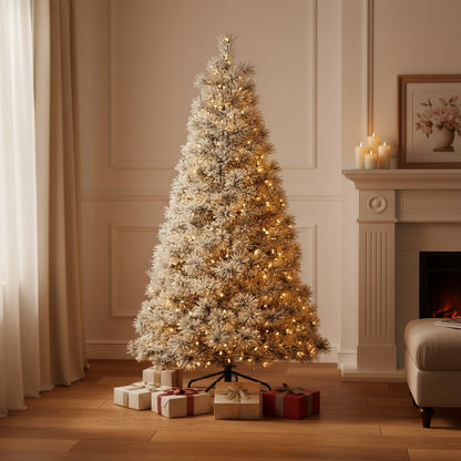 9' White Pre Lit Full Flocked Spruce Christmas Tree