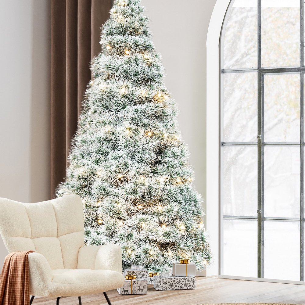 9' White Pre Lit Full Flocked Spruce Christmas Tree
