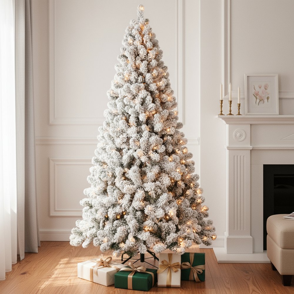 9' White Pre Lit Full Flocked Fir Christmas Tree