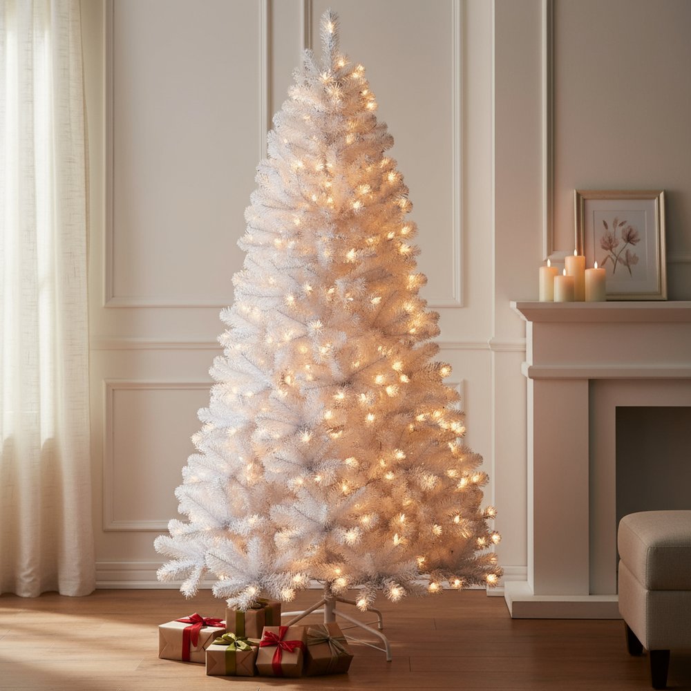 9' White Pre Lit Full Pine Christmas Tree