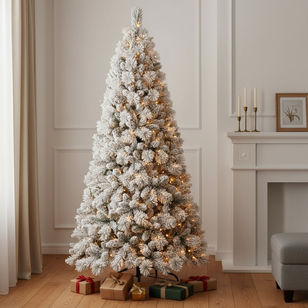 9' White Pre Lit Full Flocked Pine Christmas Tree