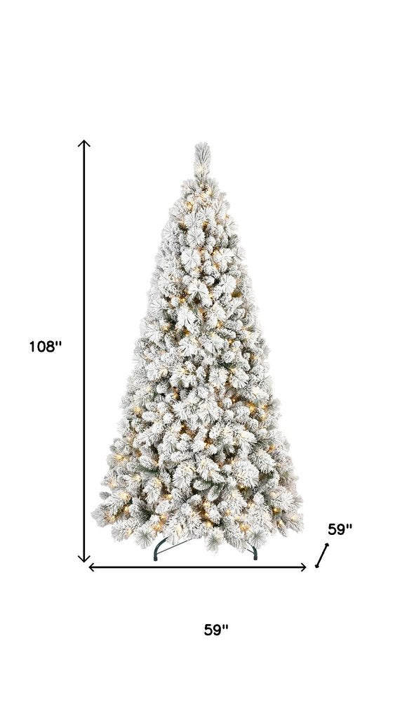 9' White Pre Lit Full Flocked Pine Christmas Tree