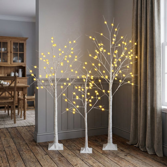 Set Of Three White Pre Lit Sparse Birch Trees