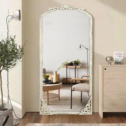 White Wood Arch Freestanding Ornate Framed Accent Mirror