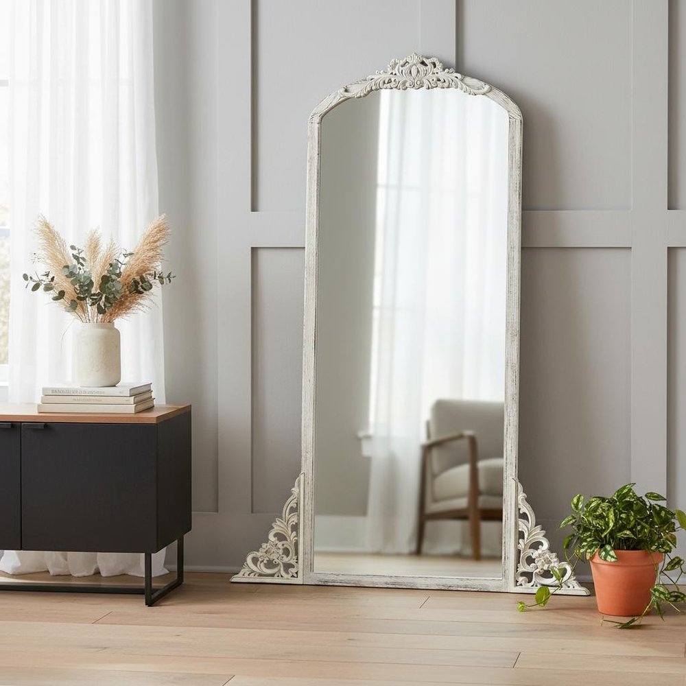 White Wood Arch Freestanding Ornate Framed Accent Mirror