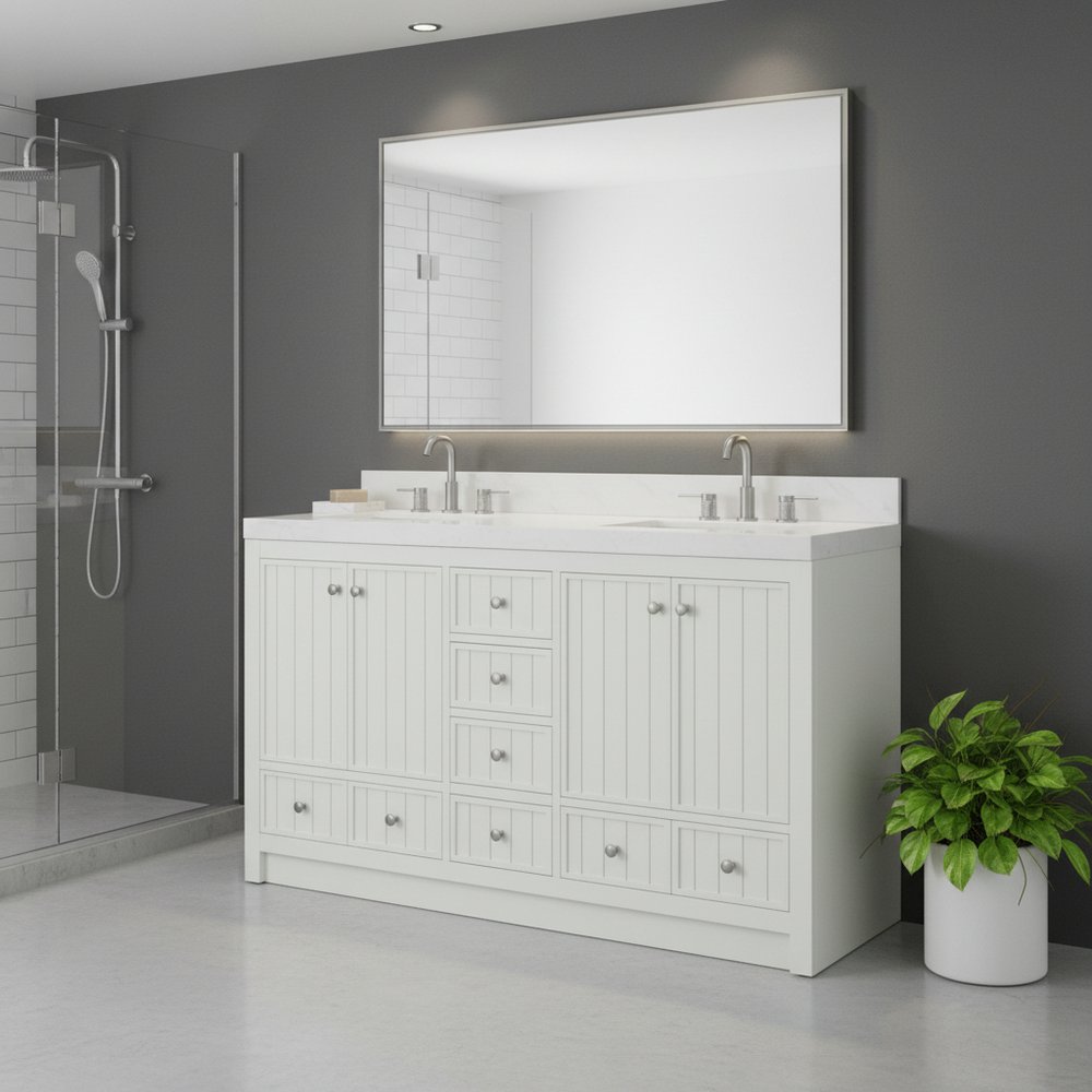 60" White Wood Double Bathroom Vanity With White And Gray Quartz Countertop