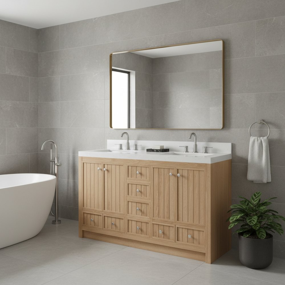 60" Natural Wood Double Bathroom Vanity With White And Gray Quartz Countertop