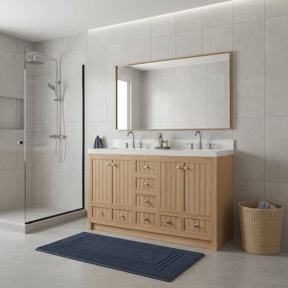 60" Natural Wood Double Bathroom Vanity With White And Gray Quartz Countertop