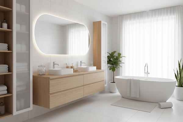 Modern spa-like bathroom with floating vanity, elegant storage, and luxurious bath linens