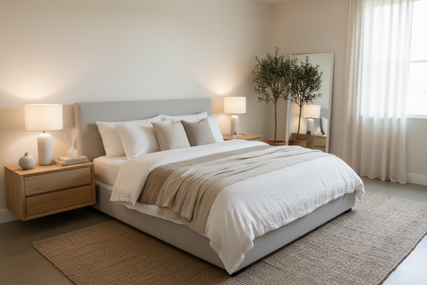  Serene bedroom with upholstered bed, layered bedding, and calming neutral palette