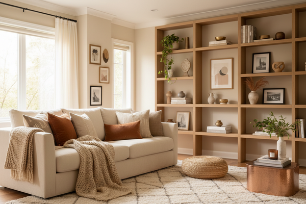 Beautifully styled space with wall art, decorative accessories, throw pillows, and curated vignettes