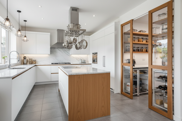 Modern kitchen with white cabinets, wooden island, and glass-fronted pantry.