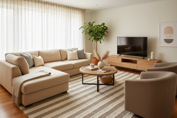 Inviting living room with sectional sofa, coffee table, and cozy gathering space