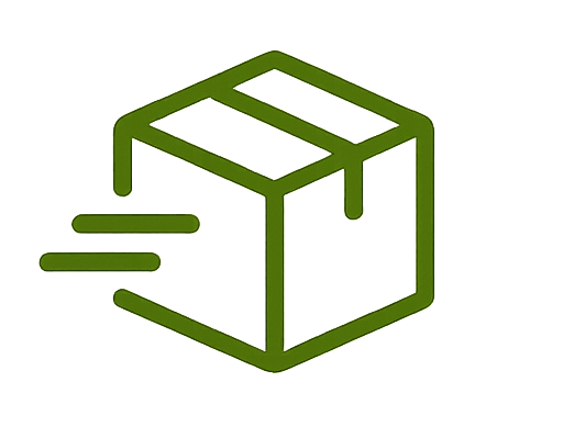 Green box icon with text praising fast shipping and product quality on a white background

