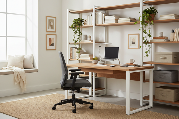Modern home office with ergonomic chair, wooden desk, and organized workspace