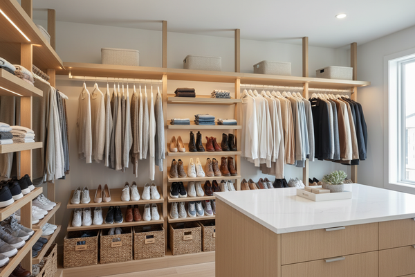  Well-organized closet with wall-mounted shelves, storage baskets, and efficient organization systems