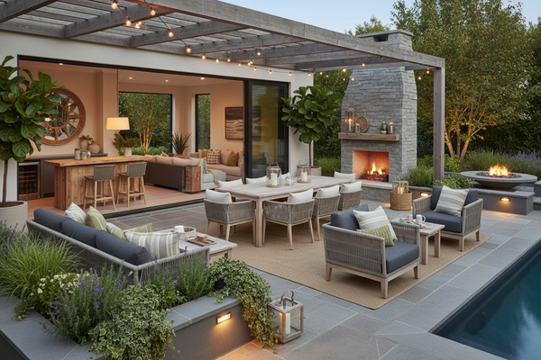  Inviting outdoor patio with weather-resistant furniture, comfortable seating, and garden decor